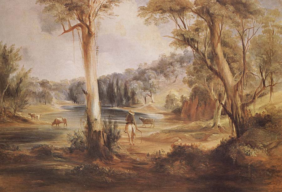 Australian Landscape with cattle and a stockman at a creek